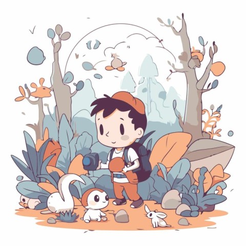 Cute little boy hiking in the forest of a cartoon style.