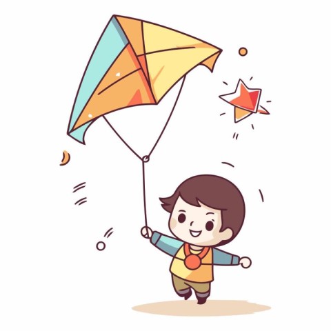 Cute little boy playing with kite. Vector cartoon illustration.