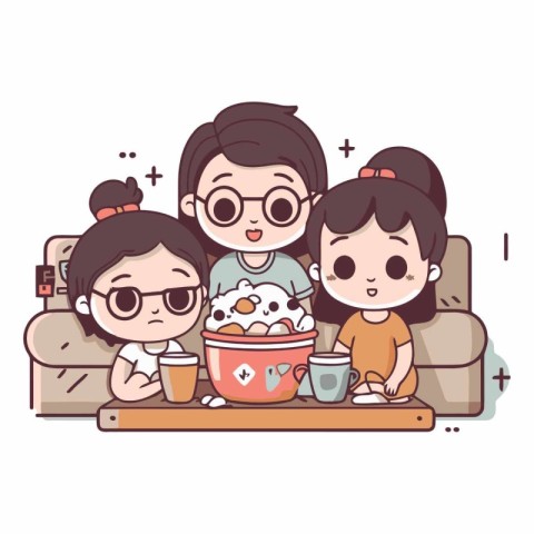 Cute cartoon family spending time together at home.