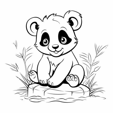 Panda bear sitting on a rock. Black and white vector illustratio