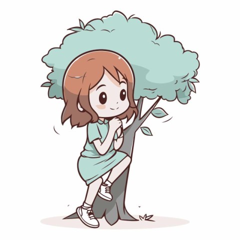 Little girl sitting under a tree in cartoon style.