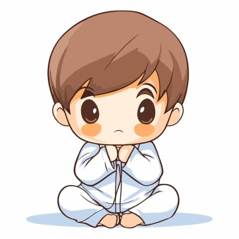 Cute little boy doing karate exercise. Cartoon vector illustrati