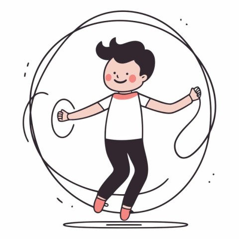 Cute little boy jumping with skipping rope in flat style.