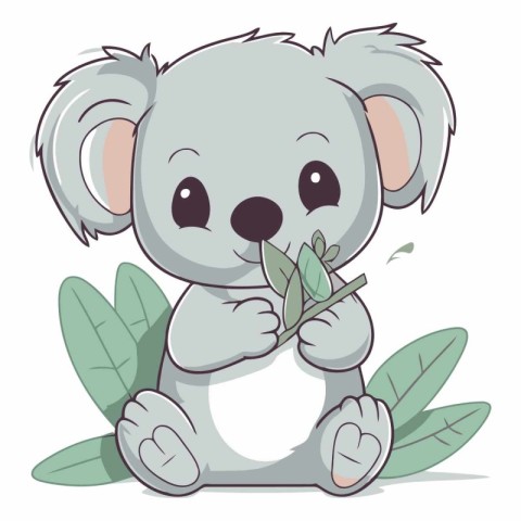 Cute koala sitting with leaves on white background.