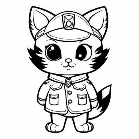 Black and White Cartoon Illustration of Cute Cat Captain Charact