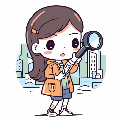 Cute girl using a magnifying glass in the city.