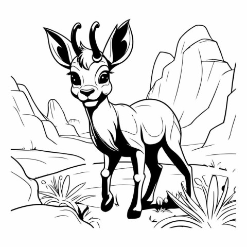 Wild deer in the mountains. Black and white vector illustration