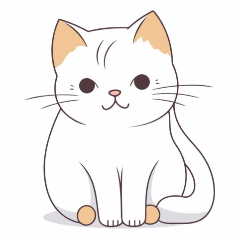 Cute cartoon white cat sitting on white background.