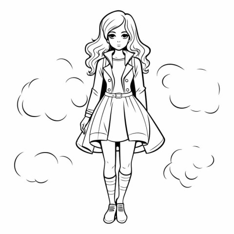 Vector illustration of a cute little girl in a coat on a backgro