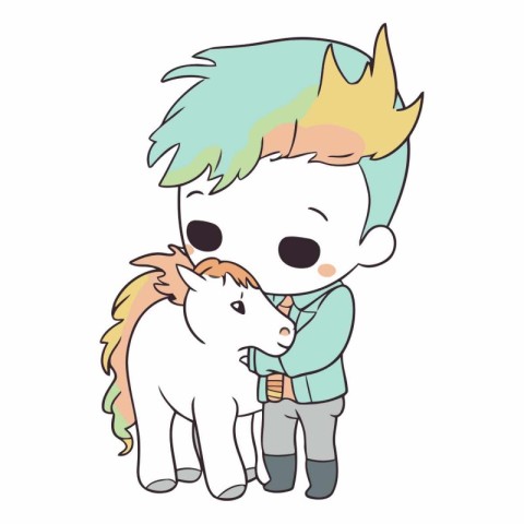 cute little boy with unicorn cartoon vector illustration graphic