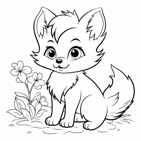 Cute cartoon little fox sitting on the grass with flowers.