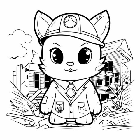 Black and White Cartoon Illustration of Cute Little Fox Detectiv