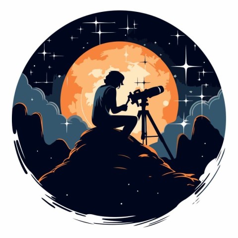 Silhouette of a boy with a telescope on the background of the mo