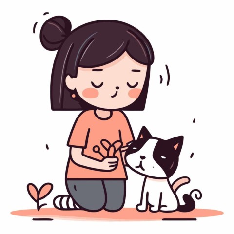 Little girl playing with a cat in cartoon style.