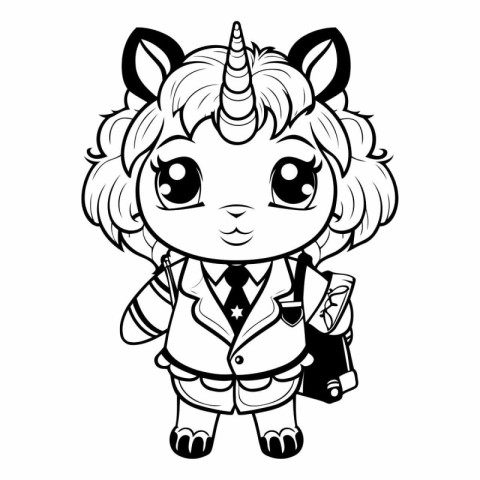 Unicorn Schoolgirl Black and White Cartoon Mascot Character