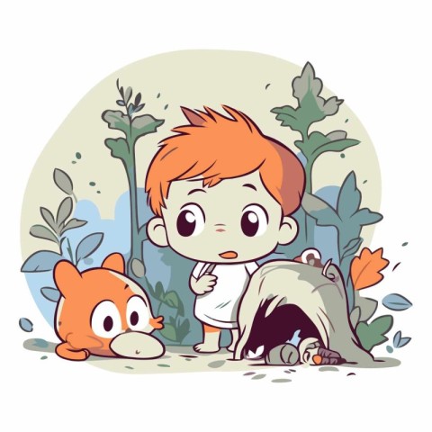 Illustration of a Little Boy Playing with a Dog in the Forest