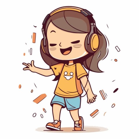 Cute little girl listening to music with headphones.