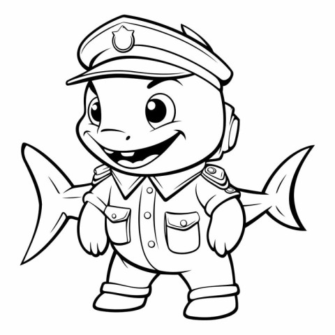 Black and White Cartoon Illustration of Cute Marine Captain Fish