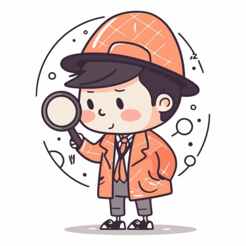 Boy detective with magnifying glass in cartoon style.