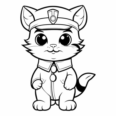 Black and White Cartoon Illustration of Cute Cat Police Officer