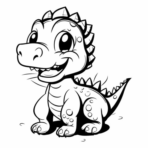 Cute Dinosaur - Black and White Cartoon Illustration. Isolated O