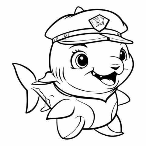 Black and White Cartoon Illustration of Cute Little Fish Sailor