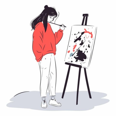 Illustration of a girl painting a picture on a white background.