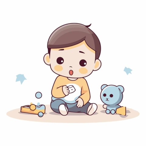 Cute little boy playing with toys in cartoon style.