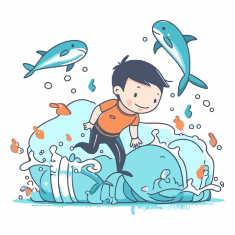 Vector illustration of a boy swimming in the ocean with a whale.