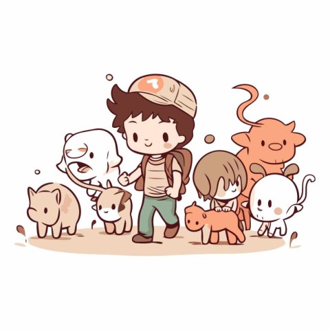 Vector illustration of a boy with a group of animals. Cartoon st