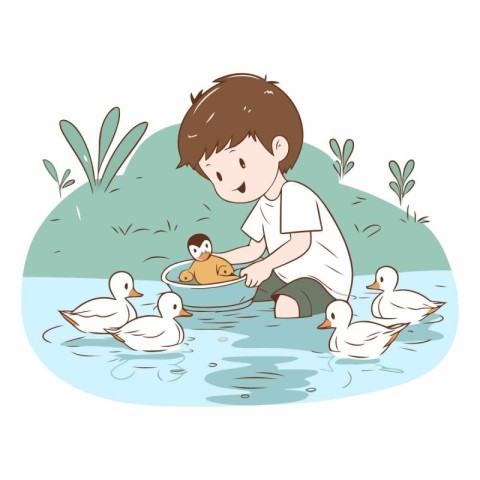 Little boy feeding ducklings in the pond on white background.