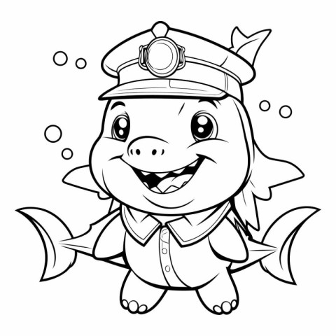 Black and White Cartoon Illustration of Cute Little Fish Captain