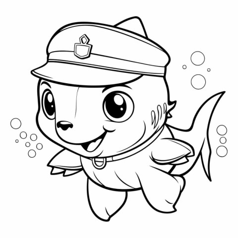 Black and White Cartoon Illustration of Cute Fish Captain Charac