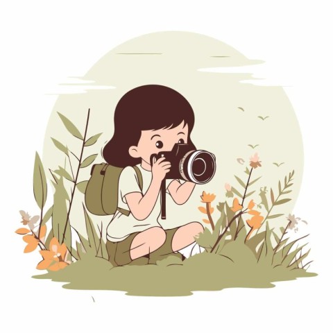 Little girl with camera sitting on the grass in cartoon style.