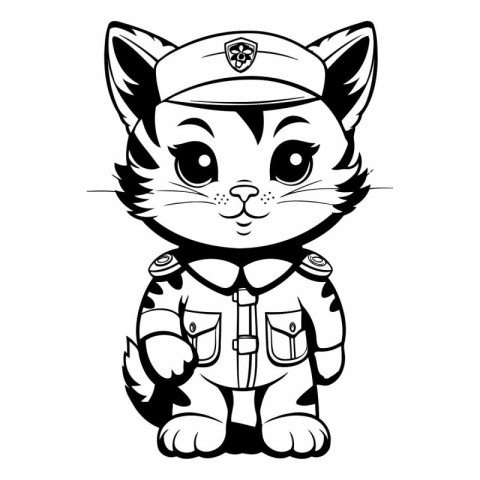 Black and White Cartoon Illustration of Cat Police Officer Masco