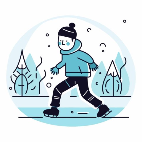 Ice skating in the forest in flat linear style.