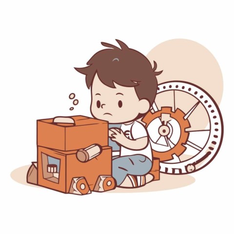 Cute little boy playing with toys in cartoon style.