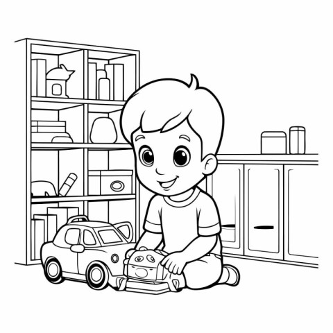 Cute little boy playing with a toy car. Black and white vector i