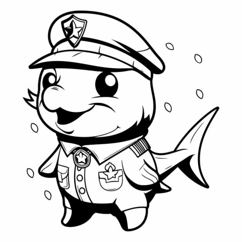 Black and White Cartoon Illustration of Cute Fish Police Officer