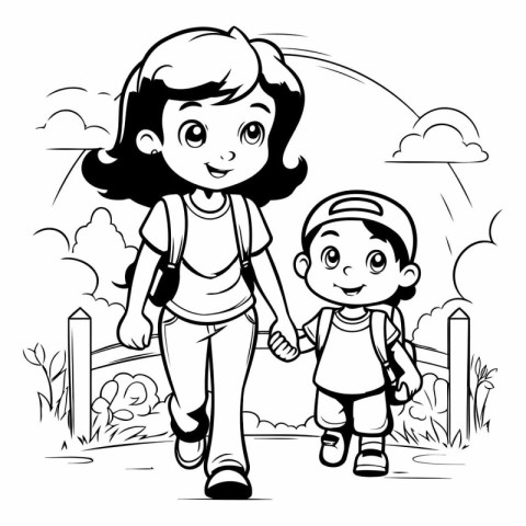 Mother and son walking in the park. black and white vector illus