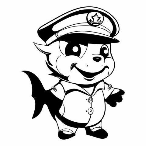 Black and white vector illustration of a cute cartoon shark in a