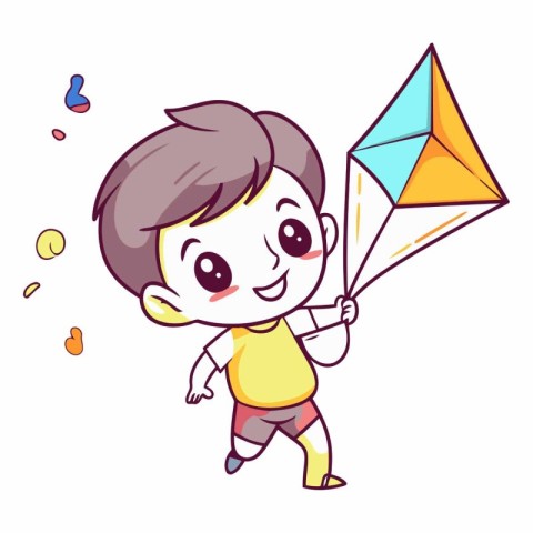 Cute cartoon boy playing with a kite.