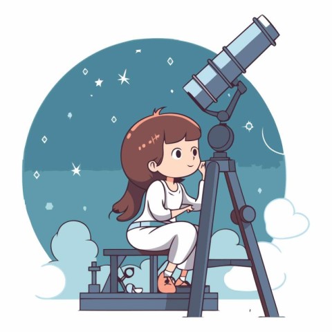 Cute little girl looking through telescope in cartoon style.