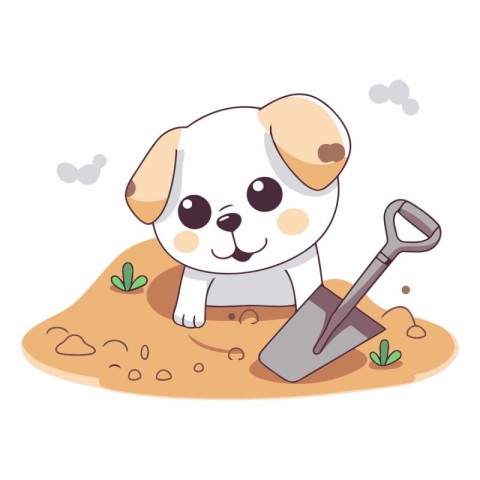 Cute puppy with a shovel in the sand.