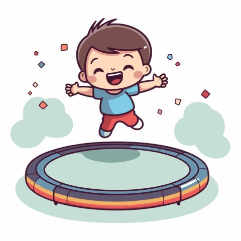 Cute happy boy jumping on trampoline.