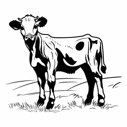 Black and white vector illustration of a cow standing in the fie