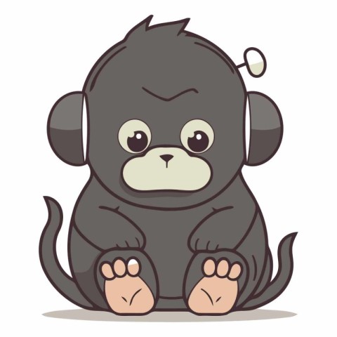 Cute cartoon monkey sitting and listening to music.