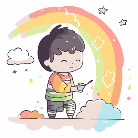 Cute little boy playing with mobile phone on rainbow background