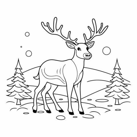 Deer with antlers and pine trees for coloring book.