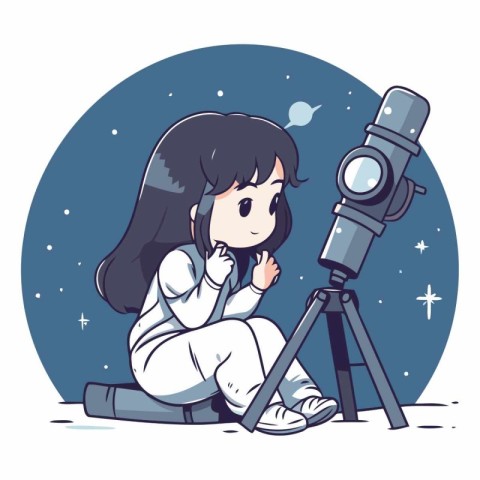 Cute little girl looking through a telescope. Vector cartoon ill